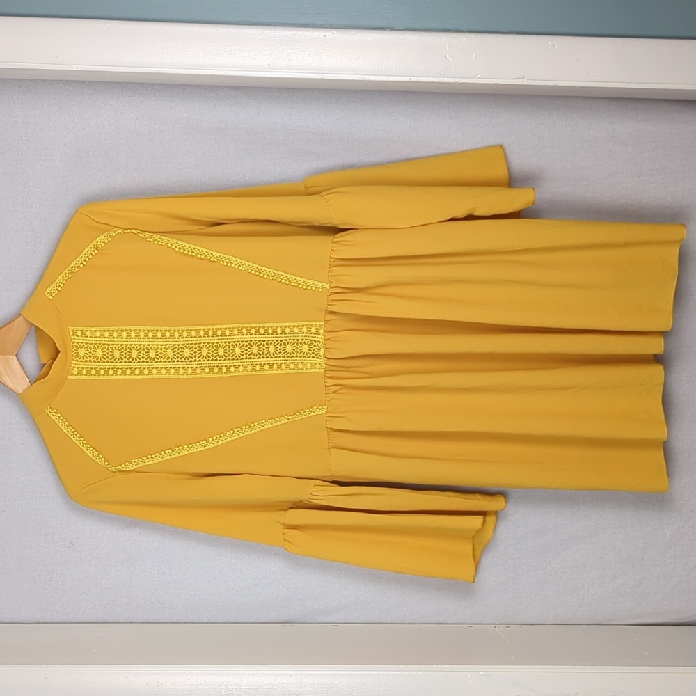 BOOHOO Dress Mustard Yellow Crochet Detail Bell Sleeves